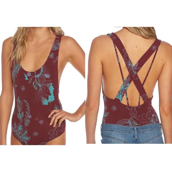 Free People Bodysuit SMALL Floral Strappy Something Pretty Wine Purple - Picture 1 of 5